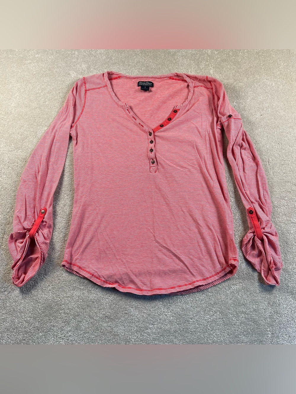 Lucky Brand Henley Shirt V Neck Striped Red White roll cuff Casual Women's Small